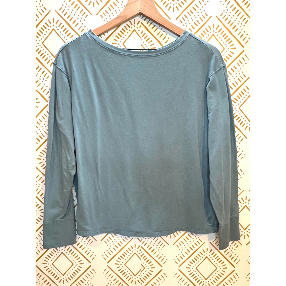 LL Bean Beyond Soft T-Shirt Size MP Blue Green Back Pleat Granola Girl Gorpcore